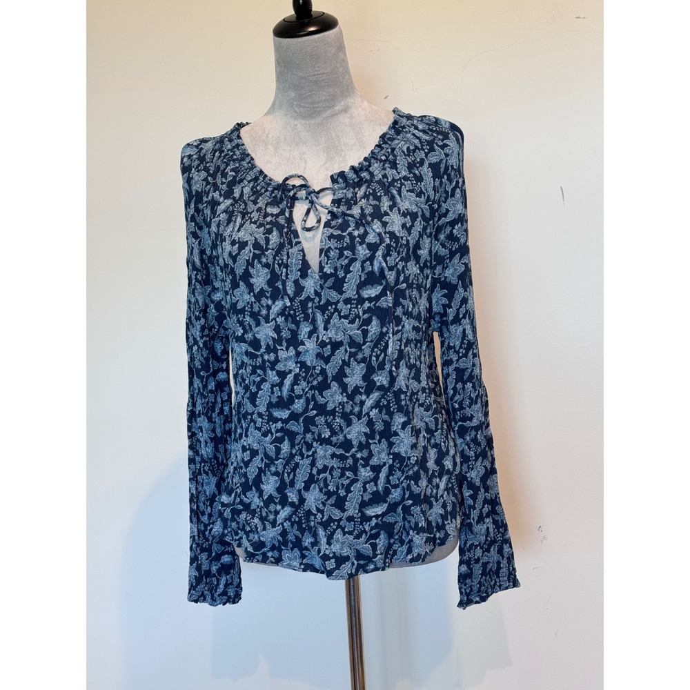 Faherty Blue Floral Crinkle Viscose Tie Neck Ruffle Blouse XS Boho Peasant Top